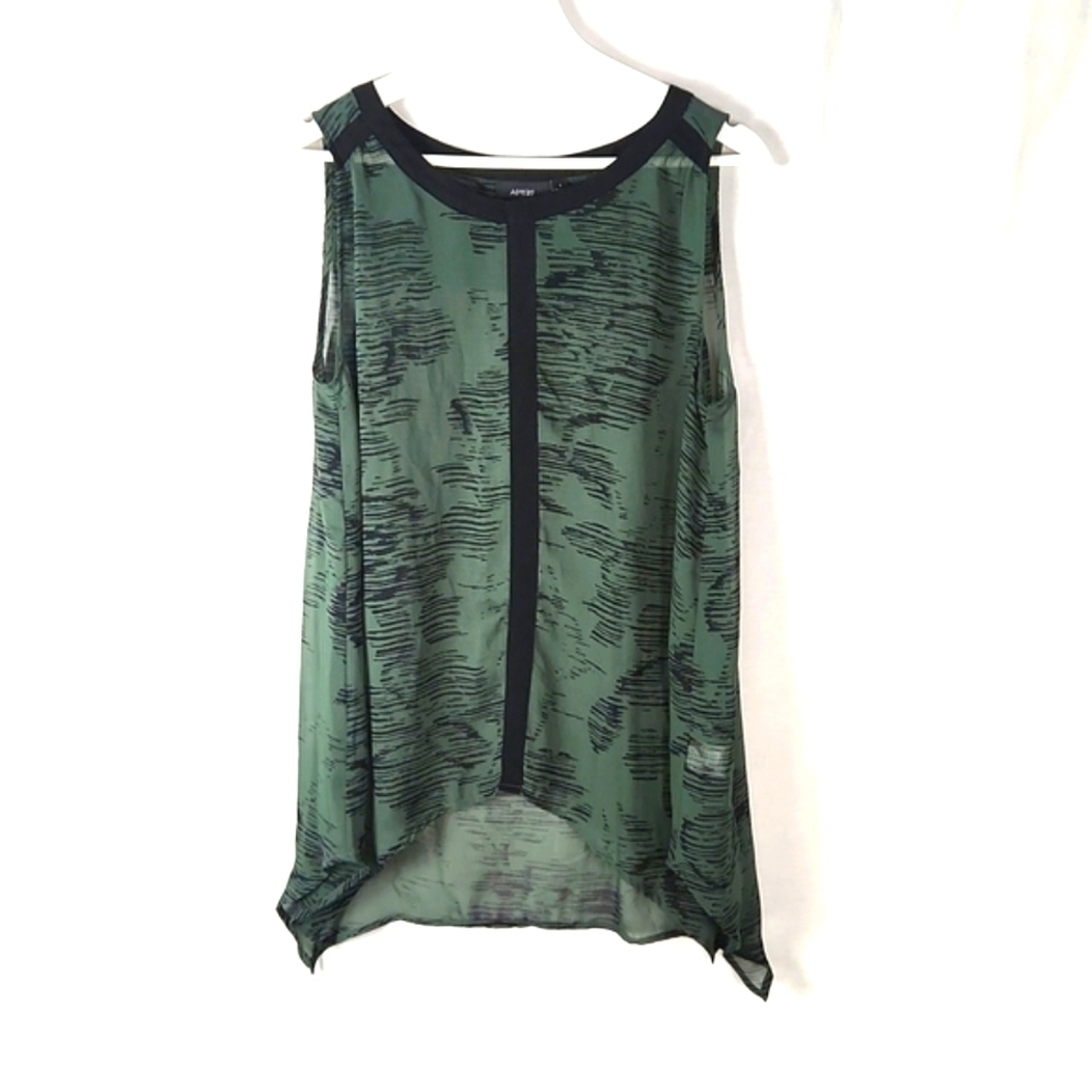 Sheer Abstract Print Sleeveless Blouse Top, Green, Black, Size L